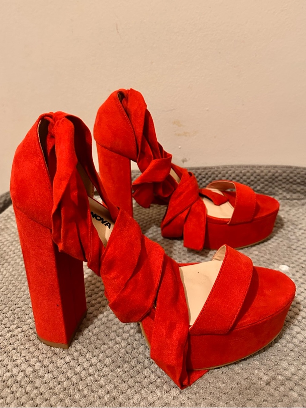 Fashion Nova Bright Red Suede Wrap Platform Sandals